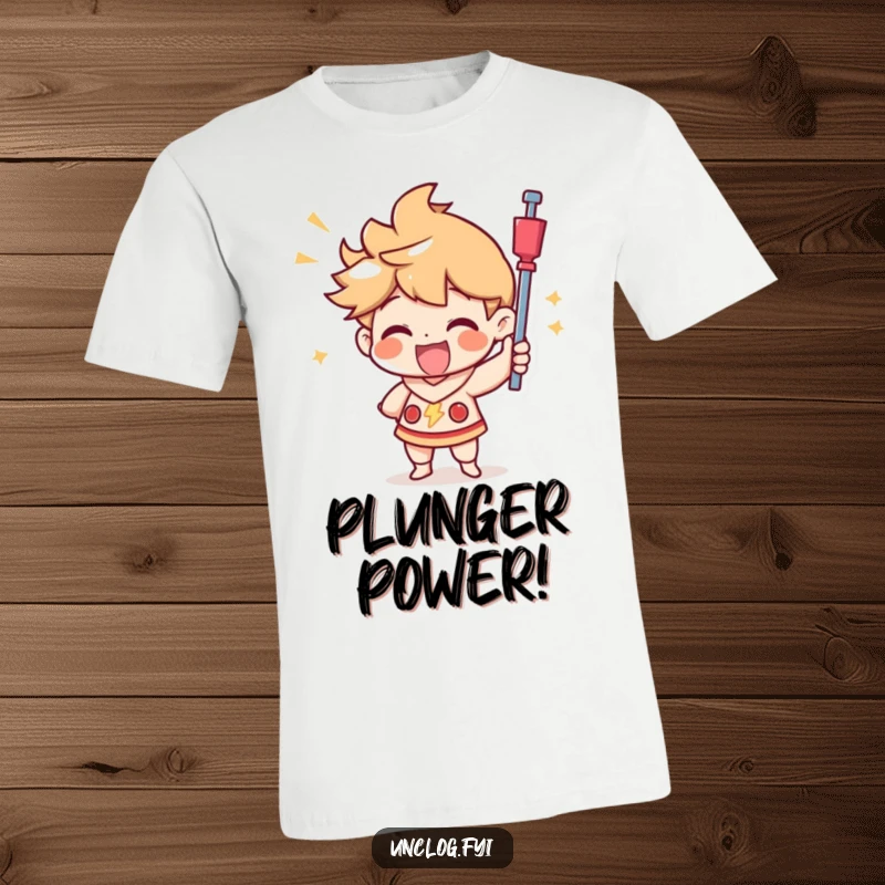 Funny t-shirt depicting a character joyfully using a plunger with a truly triumphant look, showcasing their success in a humorous way.