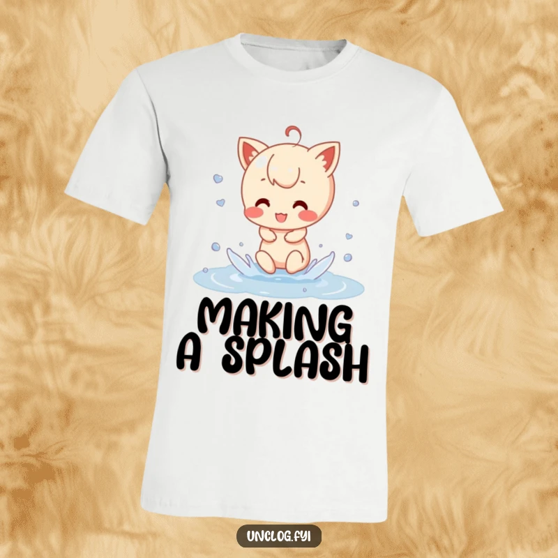 Funny T-Shirt design of a happy character mid-splash in a puddle, creating joyful ripples and embodying a spirit of playful abandon.