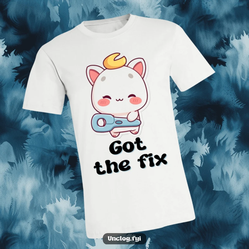 Funny repair guy t-shirt showing a character winking and holding a tool, ready for any repair job.