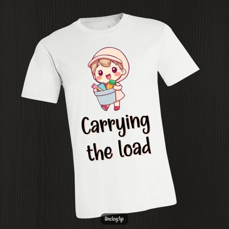Funny T-Shirt with a kawaii character happily carrying a bucket of supplies, perfect for helpers and organizers.