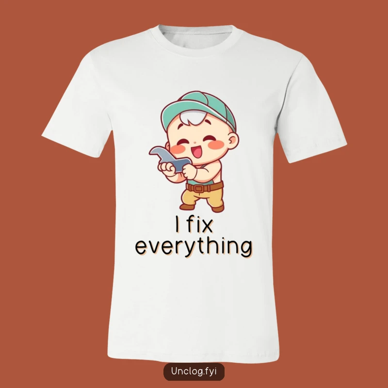 Funny T-Shirt - Kawaii Character Fixing Pipes with Wrench, Perfect Gift