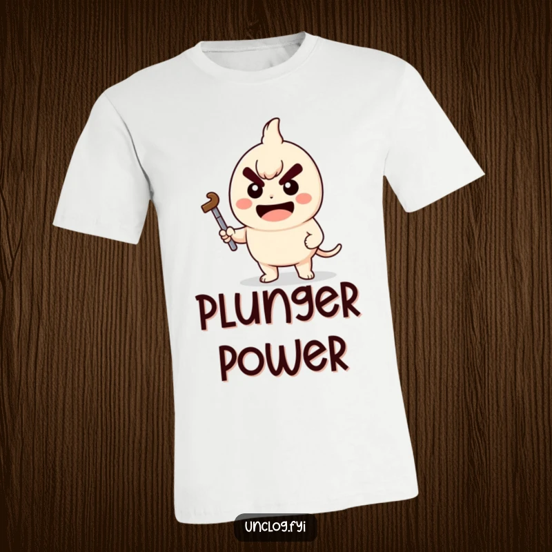 Funny T-Shirt with a kawaii character holding a plunger with a determined grin, perfect for plumbers and fixers.