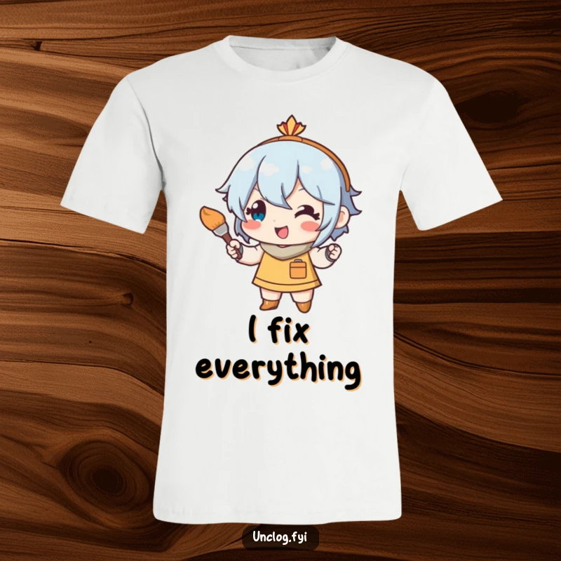 Funny t-shirt showing a cute character happily painting with a small brush, symbolizing meticulous art touch-ups and creative joy.