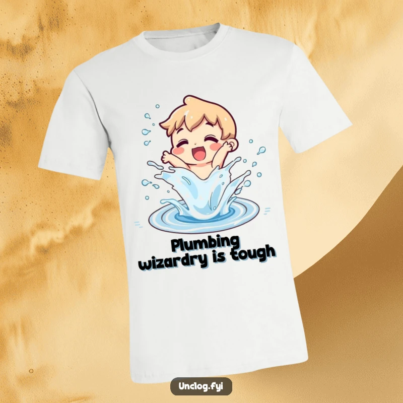 Funny character playfully splashing water from an unclogged drain on a t-shirt, celebrating a plumbing success with joy.