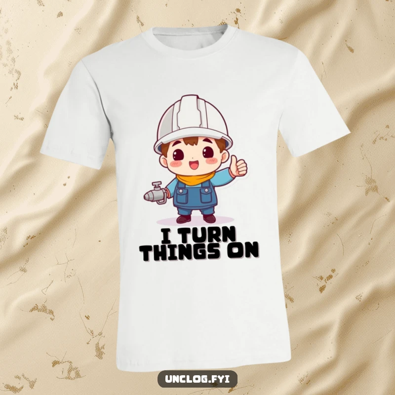 Funny character wearing a hard hat, triumphantly holding a spigot on a comfortable t-shirt.