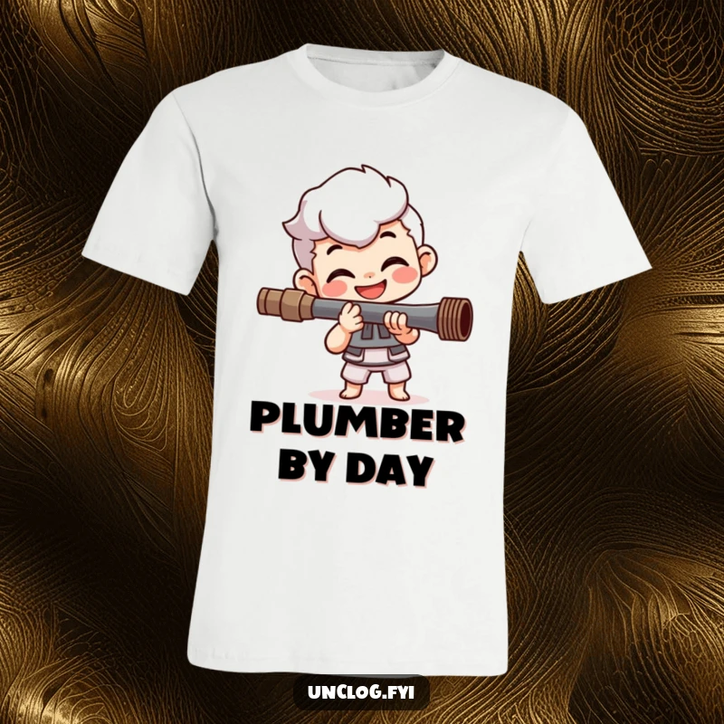 Funny t-shirt showcasing a smiling character with happy determination, expertly tightening a pipe with a joyous, can-do attitude on full display.