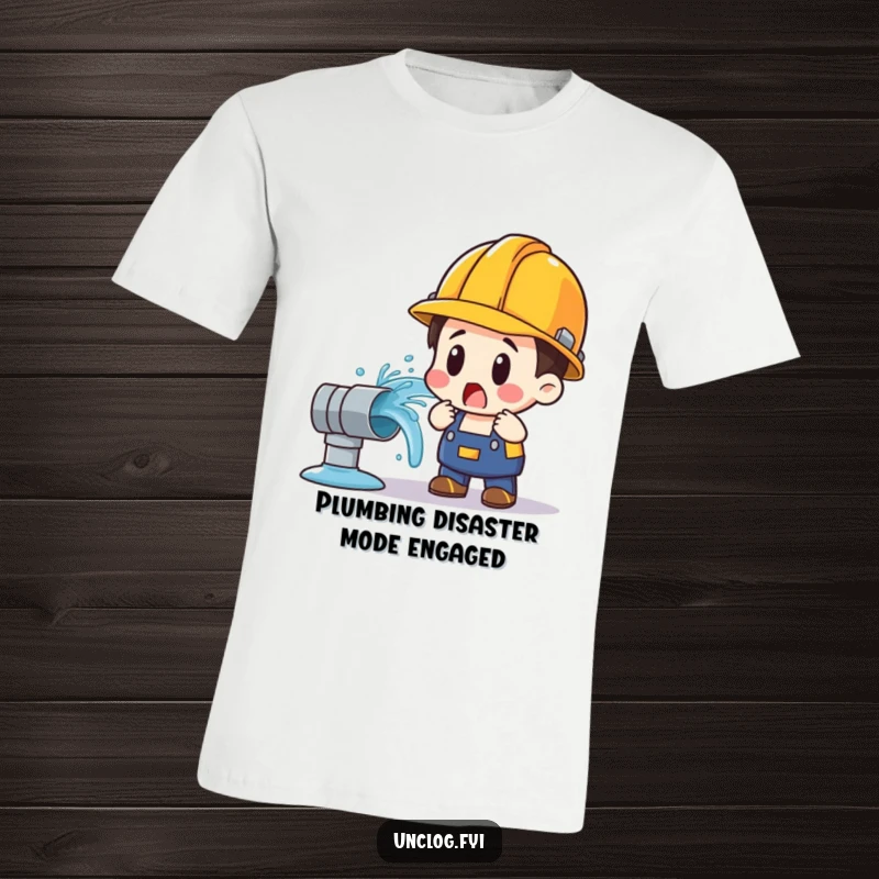 Funny t-shirt with a surprised character in a hard hat facing a geyser of water from a broken pipe.
