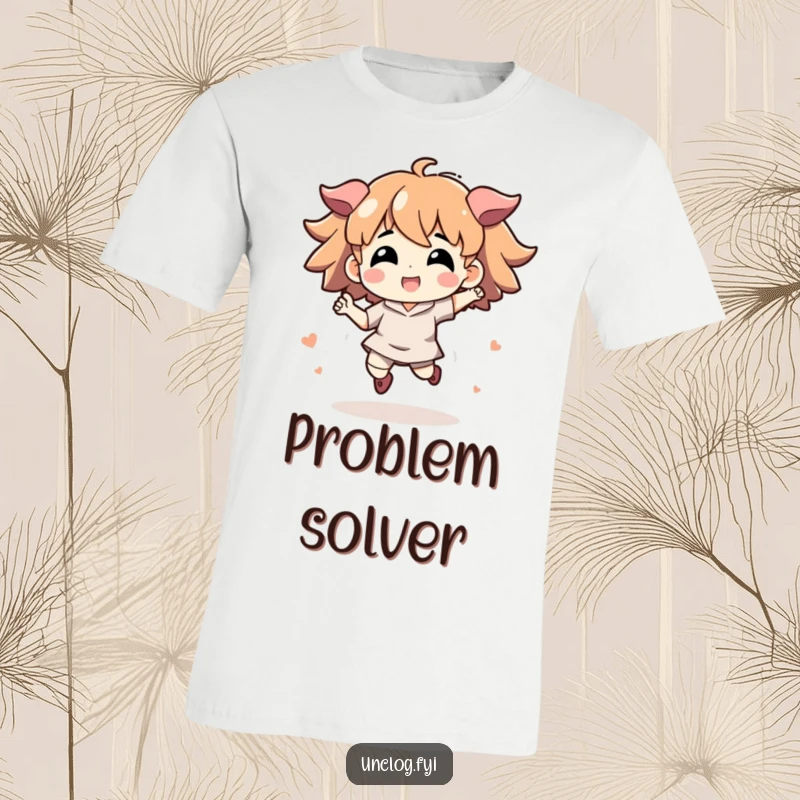 Funny t-shirt with an energetic character mid-jump, capturing the excitement of solving a problem and having a great idea.