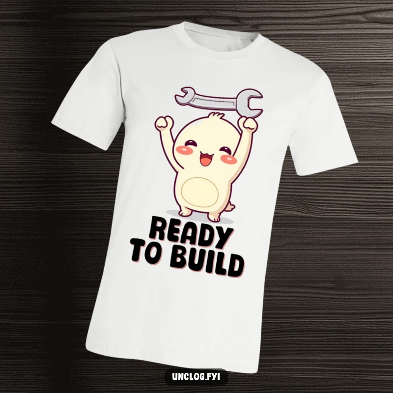 Funny t-shirt with a Kawaii character joyfully holding a wrench overhead, showcasing a positive attitude towards tasks and a love for cute designs.
