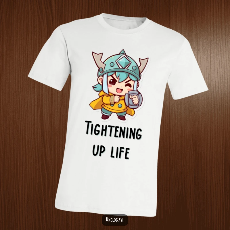 Funny T-Shirt: A happy character is focused on determinedly tightening a bolt, symbolizing hard work and accomplishment.