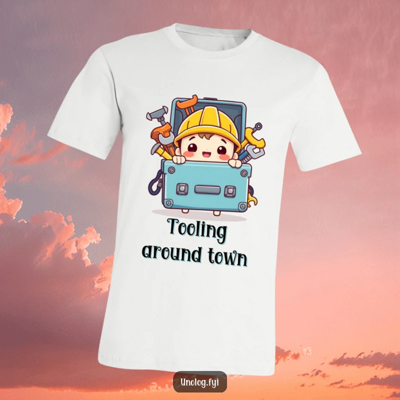 Funny t-shirt depicting a happy character carrying a toolbox brimming with gleaming tools, ready for construction or repair.