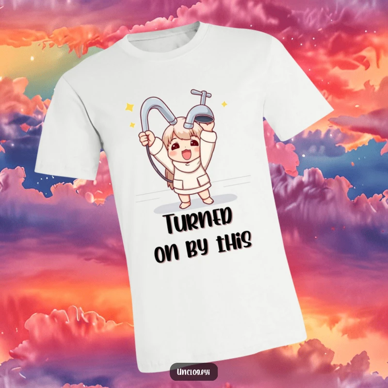 Funny t-shirt featuring a character triumphantly holding a shiny new faucet, symbolizing a successful DIY project.