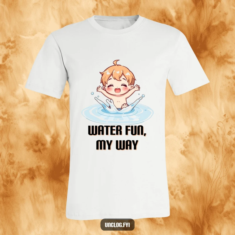 Funny T-Shirt showcasing a character splashing joyfully in a clean water puddle, radiating happiness and a love for simple pleasures.