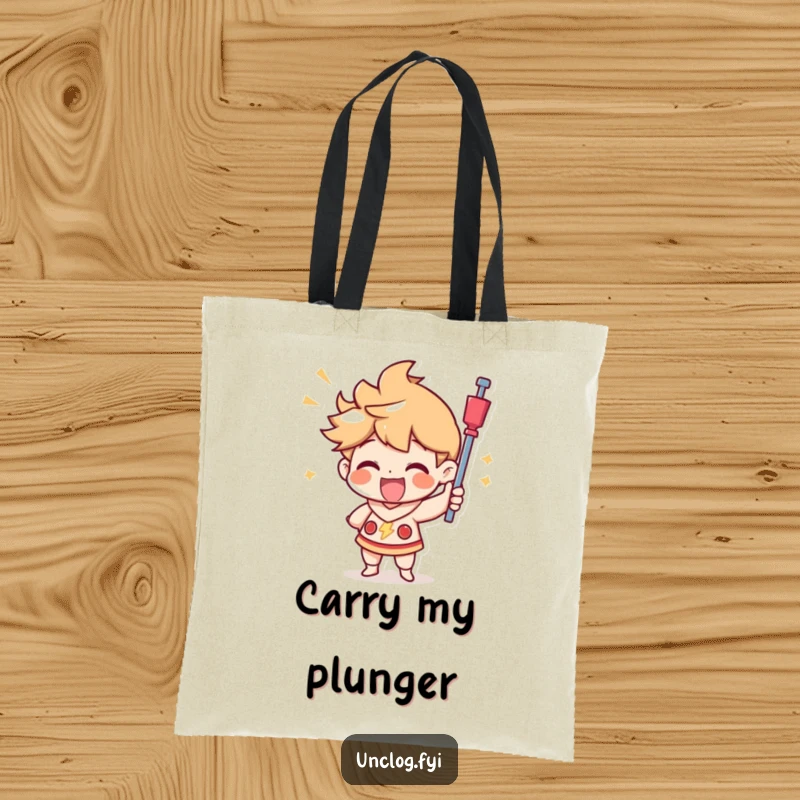 Funny tote bag showing a character joyfully using a plunger with a triumphant look, symbolizing success and a humorous approach to tasks.