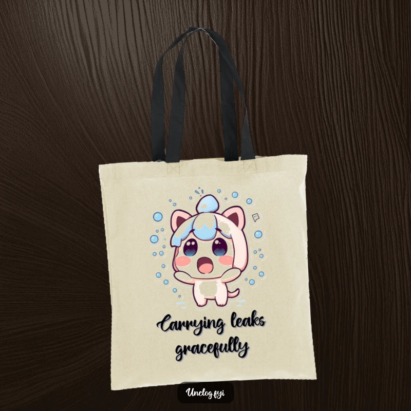 Funny kawaii tote bag depicting a cute surprised character with water spraying everywhere around it.
