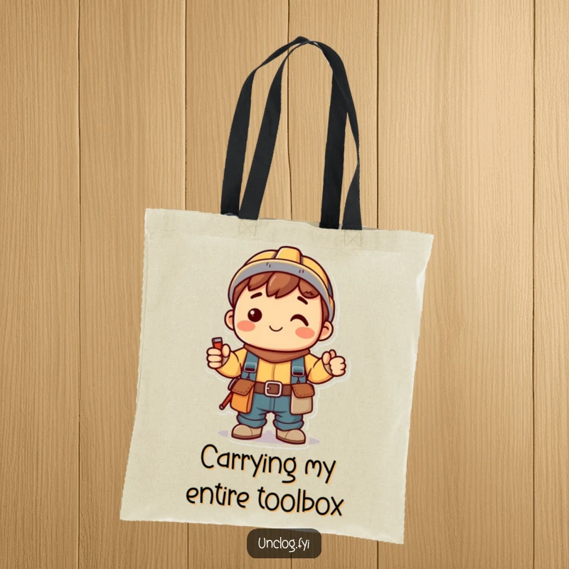 Funny Kawaii Tote Bag with a smiling character in a tool belt, ready to carry your tools and supplies with a cheerful attitude.