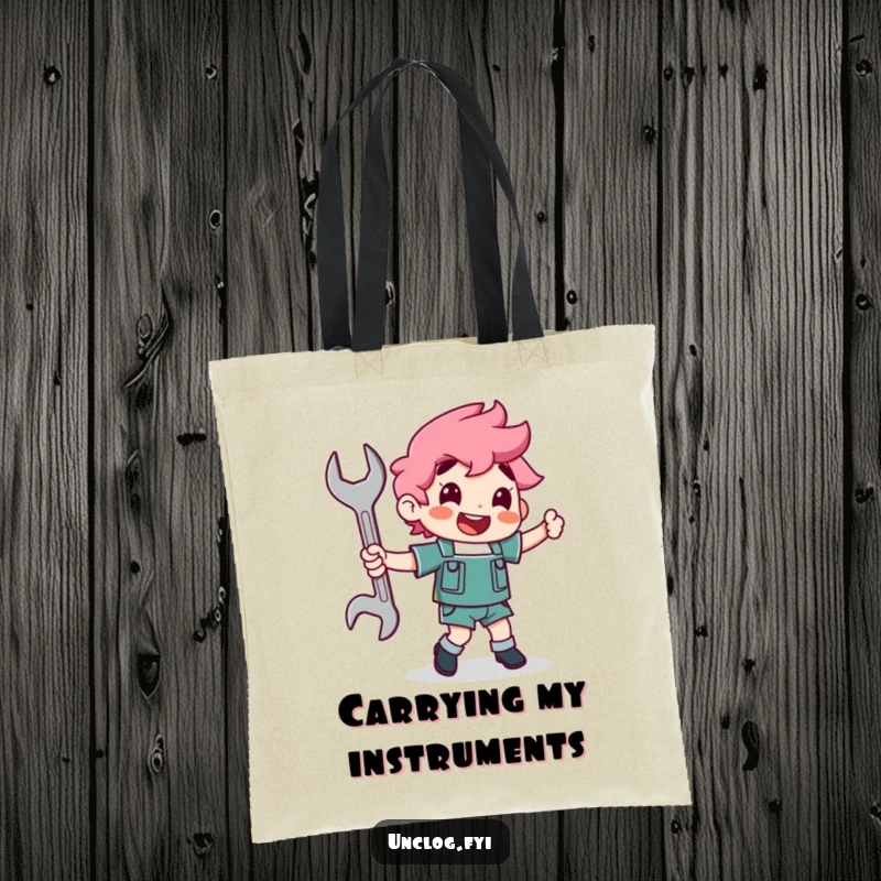 Funny character joyfully dancing with a wrench as a partner on a tote bag, representing a love for mechanics.