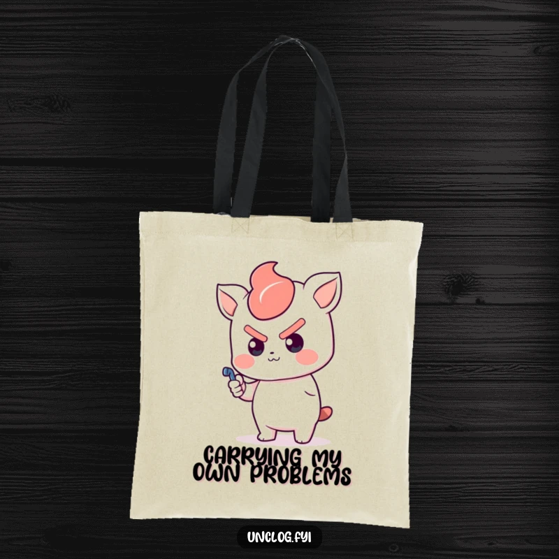Funny Kawaii Tote Bag with a determined character ready to push a plunger, symbolizing a proactive approach to challenges.