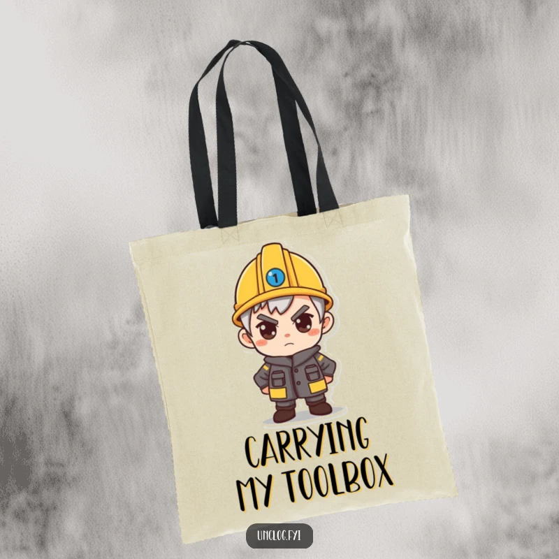 Funny tote bag with a determined character wearing a small hard hat, ready to carry anything needed for a project.