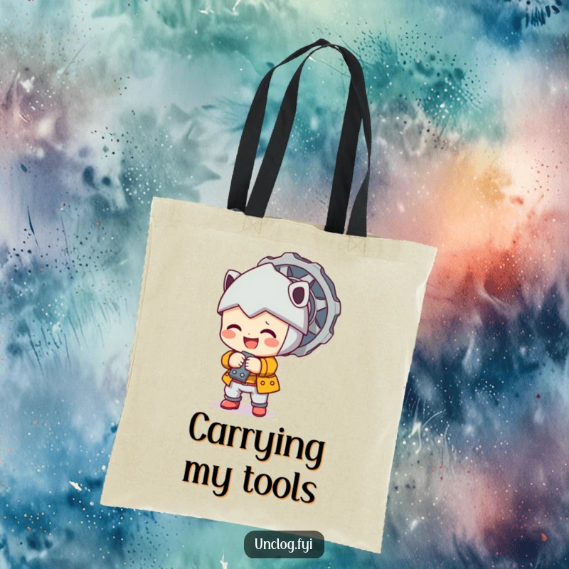 Cute character happily tightening a large bolt on a durable and practical tote bag.