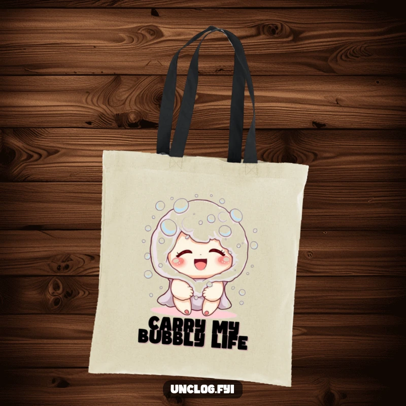 Funny tote bag showcasing a cute character joyfully covered in harmless soap bubbles, giggling and radiating pure, bubbly happiness.