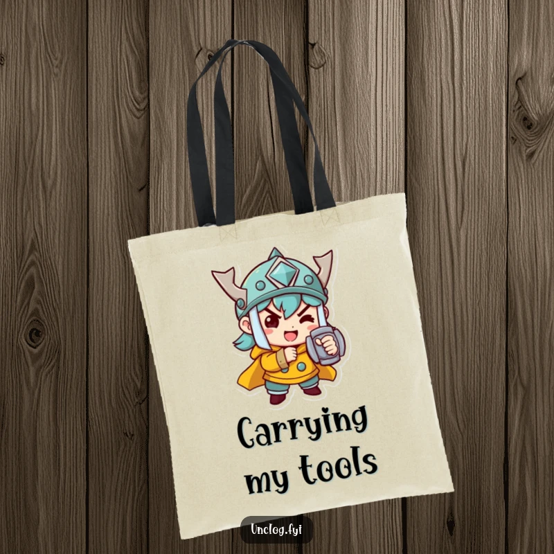 Funny Tote Bag with a determined character energetically tightening a bolt, perfect for carrying tools or daily items.