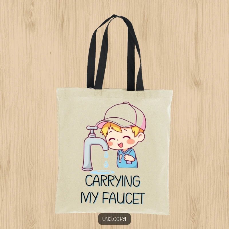 Funny tote bag with a cheerful character in a cap inspecting a dripping faucet, great for carrying necessities with humor.