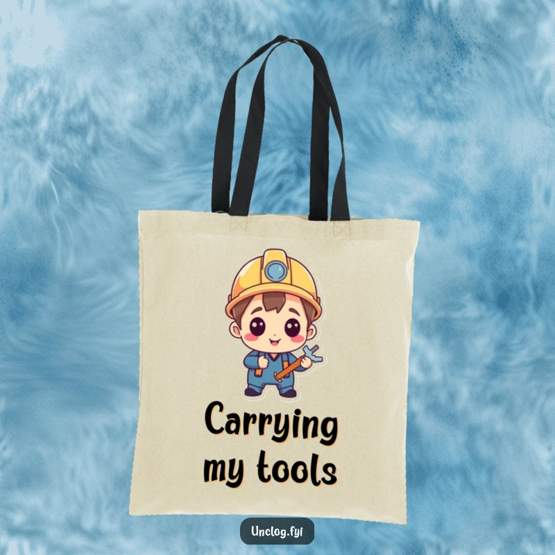 Funny Tote Bag showcasing a character in a hard hat, pleased with a repair, perfect for carrying tools or daily essentials with flair.