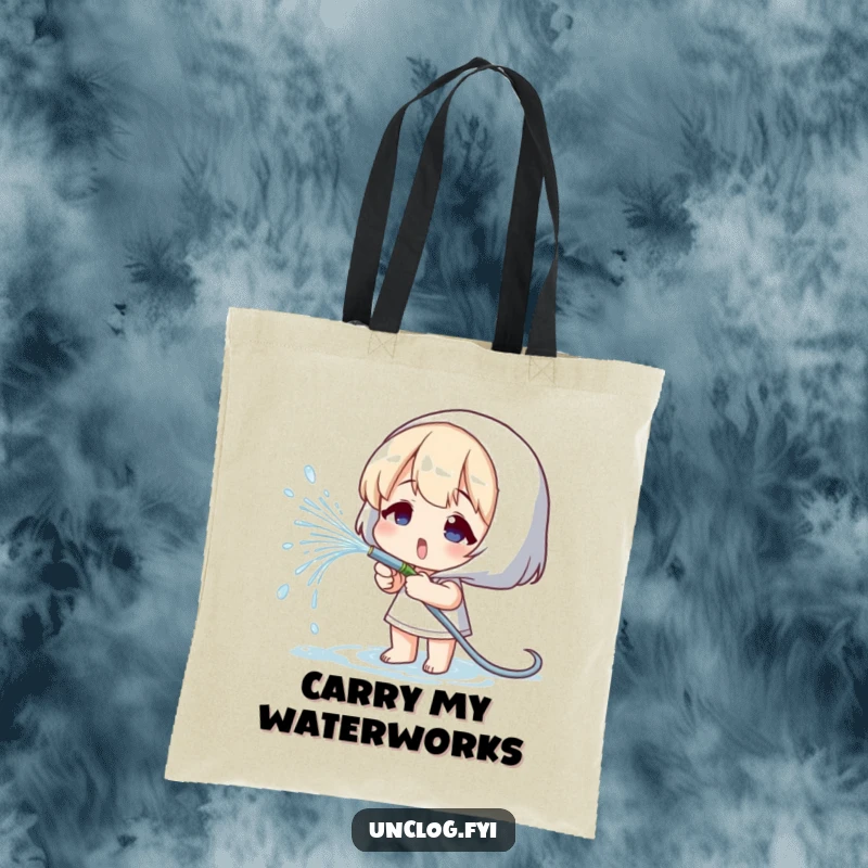 Funny tote bag depicting a character playfully spraying water from a small hose, ideal for gardeners.
