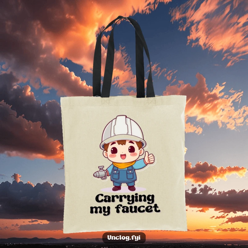 Funny character wearing a hard hat, triumphantly holding a spigot, printed on a durable tote bag.