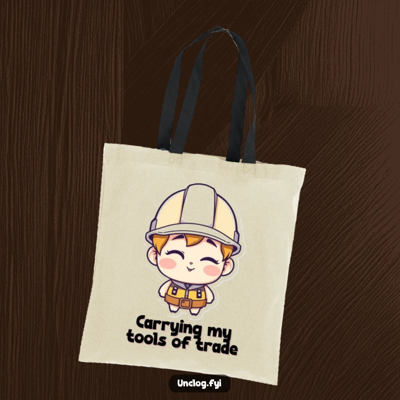 Funny character tote bag, wearing a hard hat and winking, ideal for carrying essentials humorously.