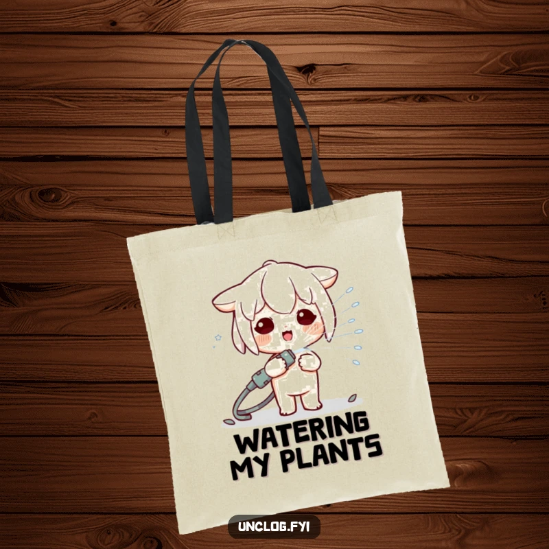 Funny Kawaii character energetically spraying a hose, depicted on a durable tote bag, ideal for carrying essentials with a smile.