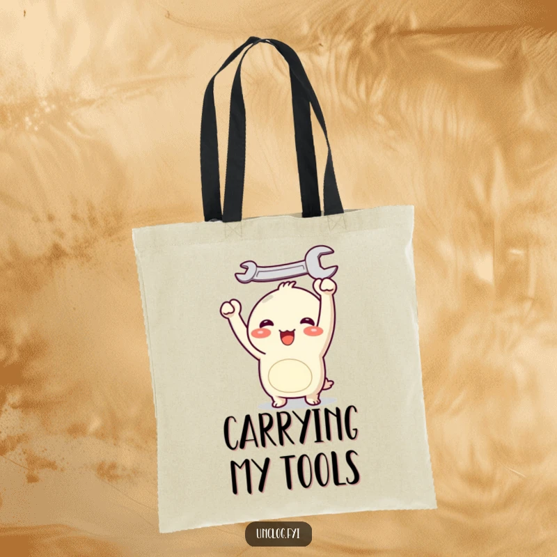 Funny Kawaii tote bag with a joyful character holding a wrench overhead, perfect for carrying essentials with a cute and optimistic flair.