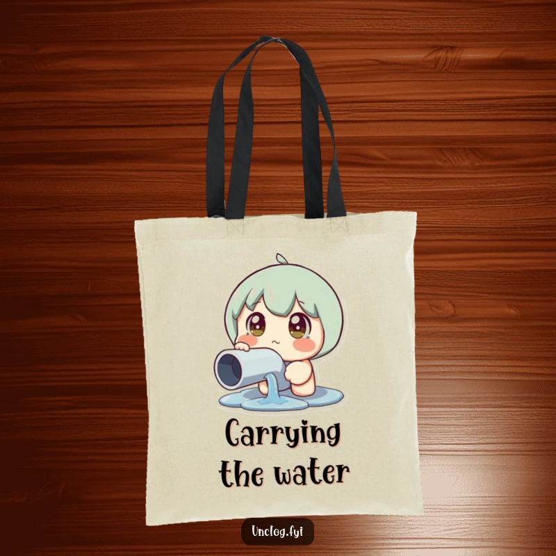 Funny Leaky Pipe Reaction Tote Bag with a character staring wide-eyed at a leaky pipe, perfect for carrying daily woes, great funny gift.