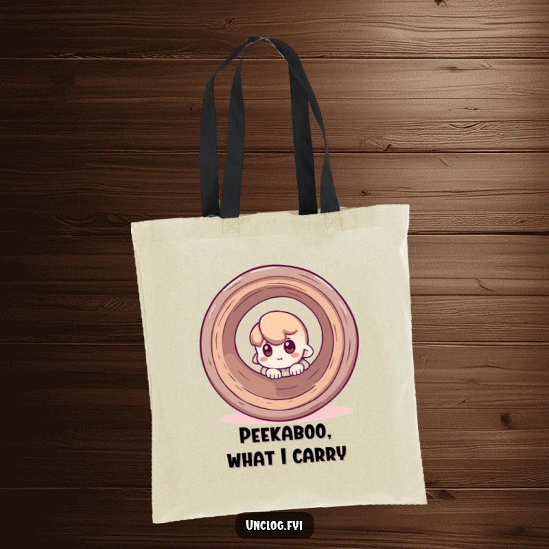 Funny tote bag depicting a character peeking around a large pipe with an inquisitive and slightly mischievous expression.