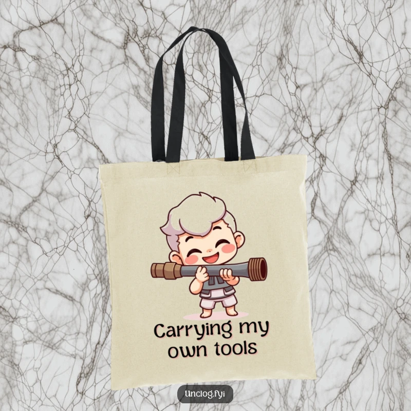 Funny tote bag depicting a smiling character with happy determination, expertly tightening a pipe, embodying a cheerful and capable spirit.