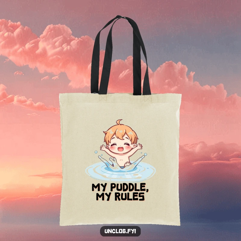 Funny Tote Bag illustrating a character’s ecstatic splash in a clean water puddle, embodying carefree joy and playful energy.