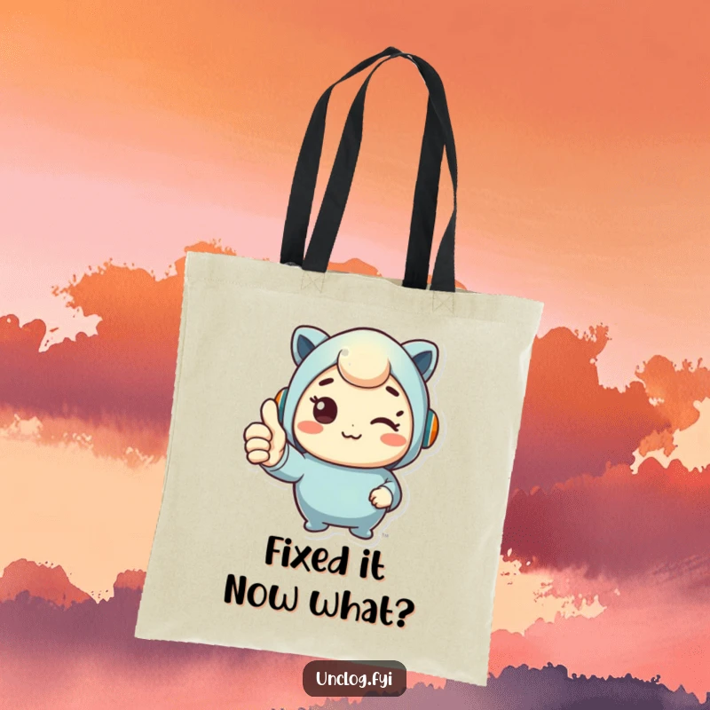 Funny tote bag featuring a cute character giving a celebratory thumbs up, perfect for carrying daily items with humor.