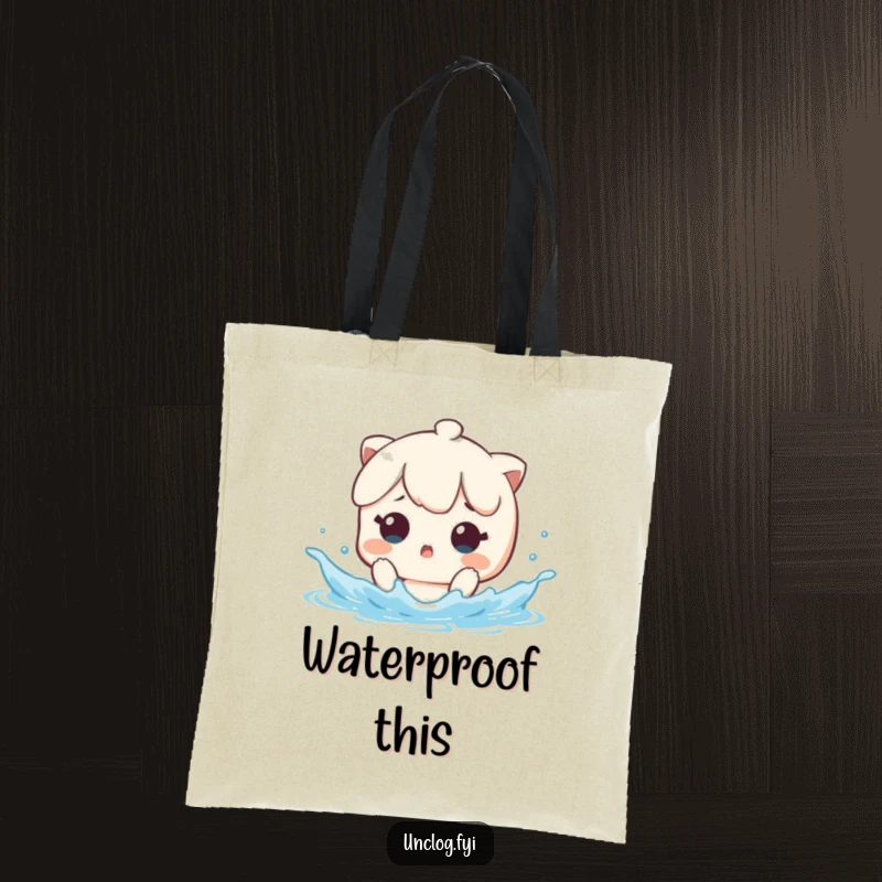 Funny Tote Bag featuring a kawaii character looking surprised by a sudden water splash, a cute and humorous accessory.