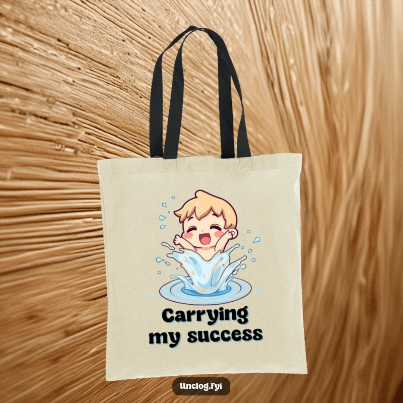 Funny character splashing water from an unclogged drain on a tote bag, celebrating a clear path and plumbing achievement.