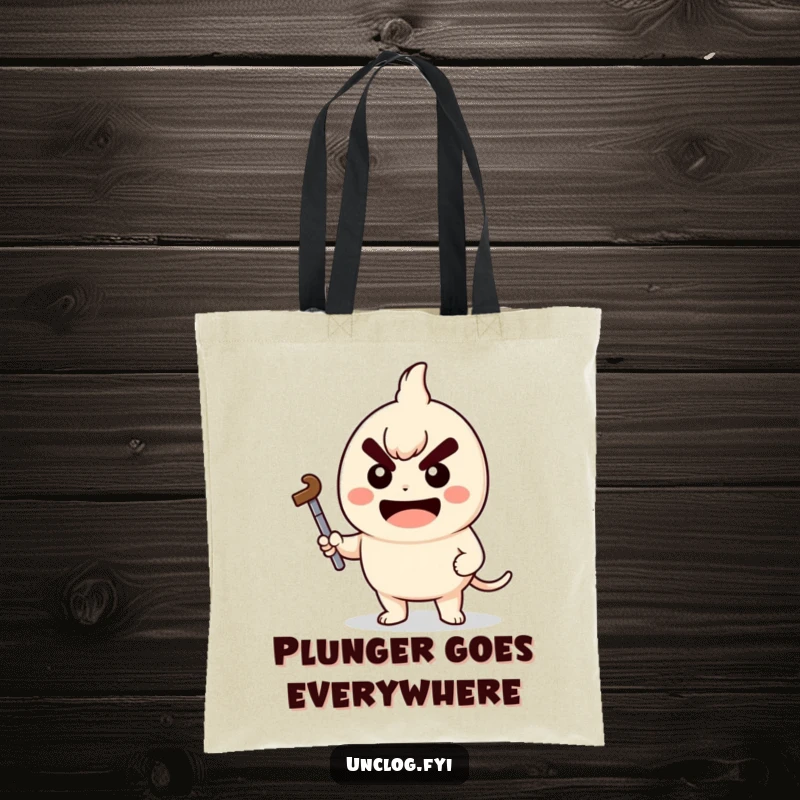 Funny Tote Bag featuring a kawaii character holding a plunger with a determined grin, a cute and determined accessory.
