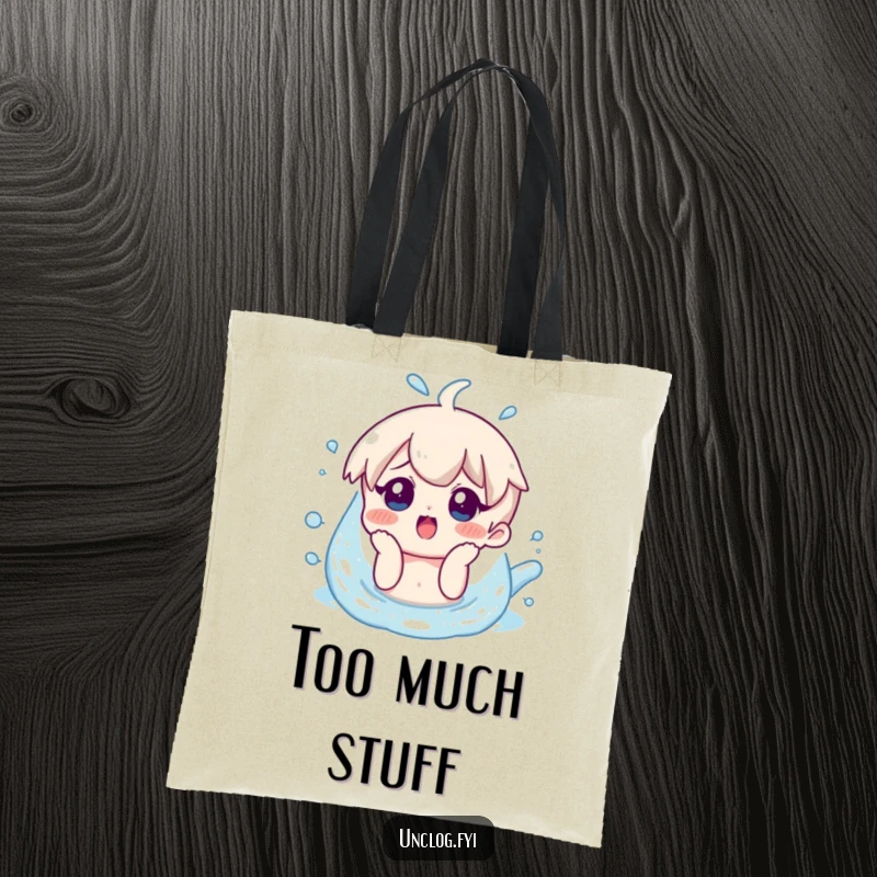 Funny tote bag with a character showing a surprised smile while looking at overflowing water, great for carrying items humorously.